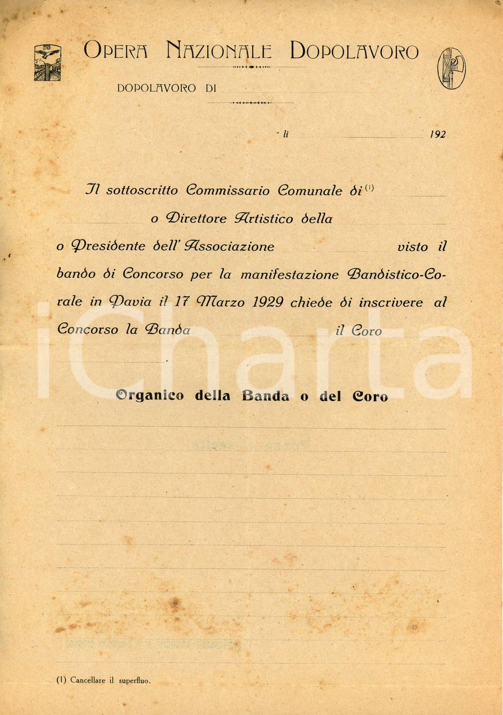 Documento originale, autentico 1920 ca PAVIA Opera Nazionale Dopolavoro OND Iscrizioni concorso bandistico 1