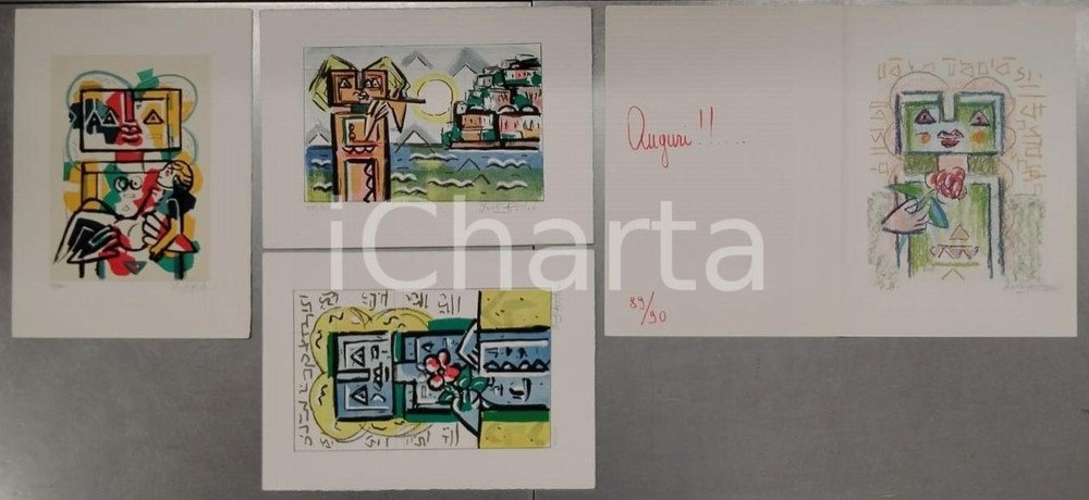 1990 Ibrahim KODRA Auguri 1990 Portfolio con 3 litografie - Edizioni LA TELA Portfolio con 3 litografie firmate e numerate. Copertina litografata con firma dell'autore e dedica autografaEDITORE: Edizioni La tela - Palermo GOOD/buono piccole macchie in copertina Formato: 25x32  cm originale e autentica 1