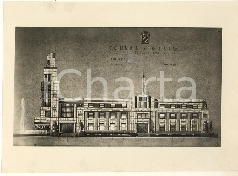 1937 ARCHITETTURA FASCISMO - DESIO Nuovo Municipio *Foto del progetto  Fotografia originale d'epoca, con didascalia dattiloscritta al verso. FAIR/discreto lievi impressioni; ritocco manuale al centro Formato: 24x18 cm originale e autentica 1
