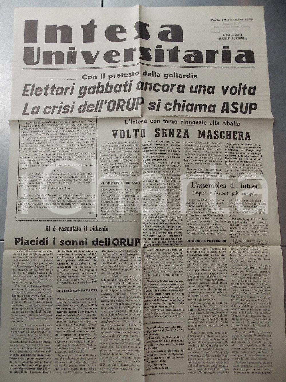 Giornale, rivista storica 1956 PAVIA INTESA UNIVERSITARIA Elettori gabbati  Pretesto della goliardia 1