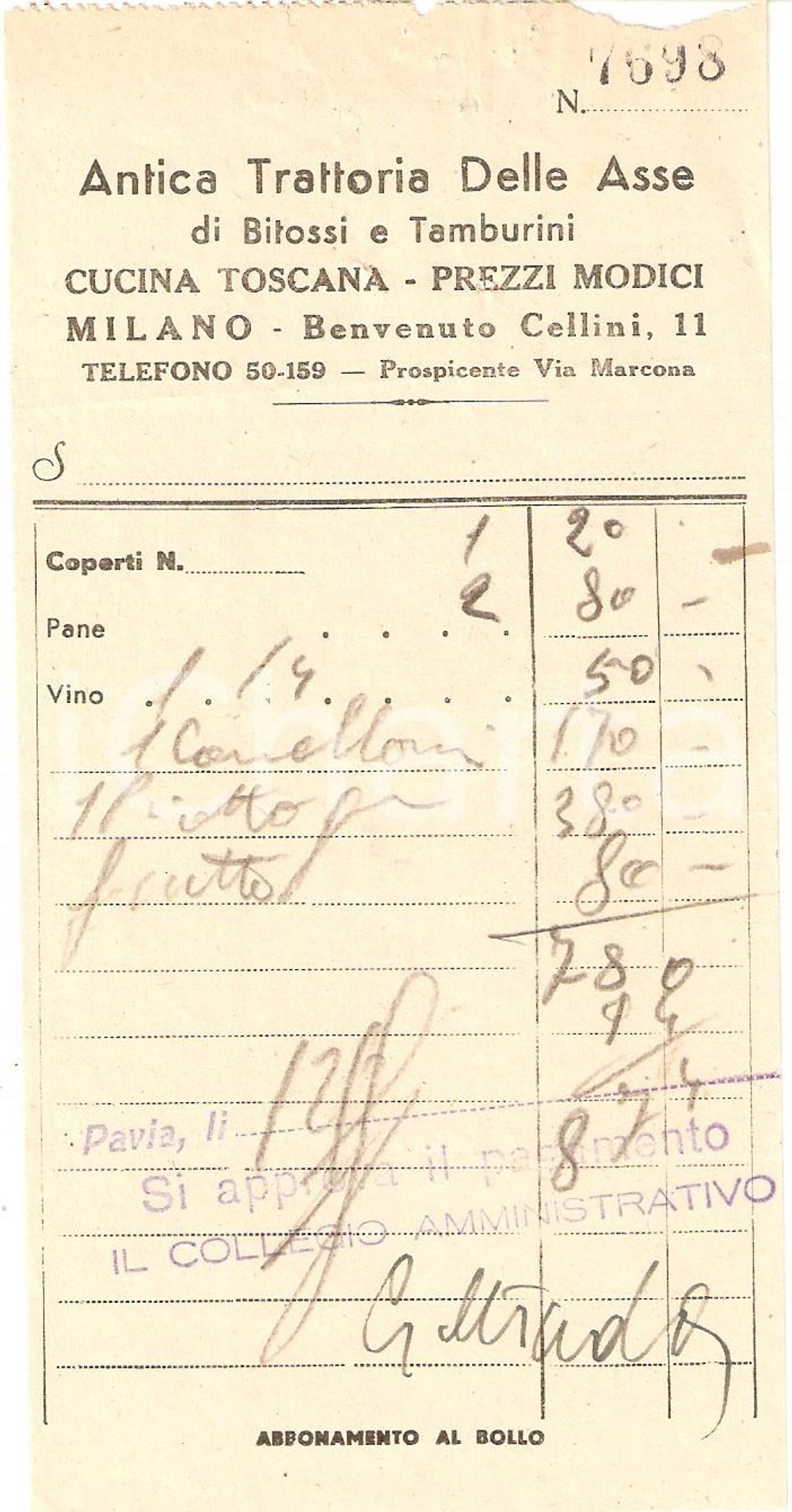 Materiale pubblicitario d’epoca 1950 ca MILANO Antica Trattoria delle Asse di BITOSSI e TAMBURINI Ricevuta 4 1