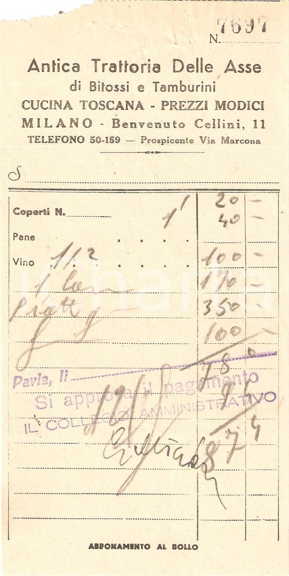 Materiale pubblicitario d’epoca 1950 ca MILANO Antica Trattoria delle Asse di BITOSSI e TAMBURINI Ricevuta 3 1
