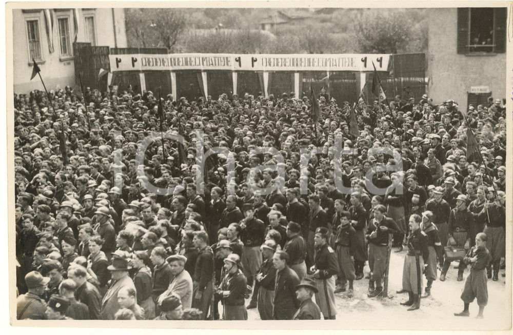 1935 FASCISMO PONTIDA (BG) Grande adunata PNF - Folla in attesa *Foto  Fotografia originale d'epoca, con didascalia manoscritta e timbro datario al verso.FOTOGRAFO: A. Terzi - Bergamo GOOD/buono lievi graffi superficiali; minime macchie al lato destro Formato: 23x16 cm originale e autentica 1