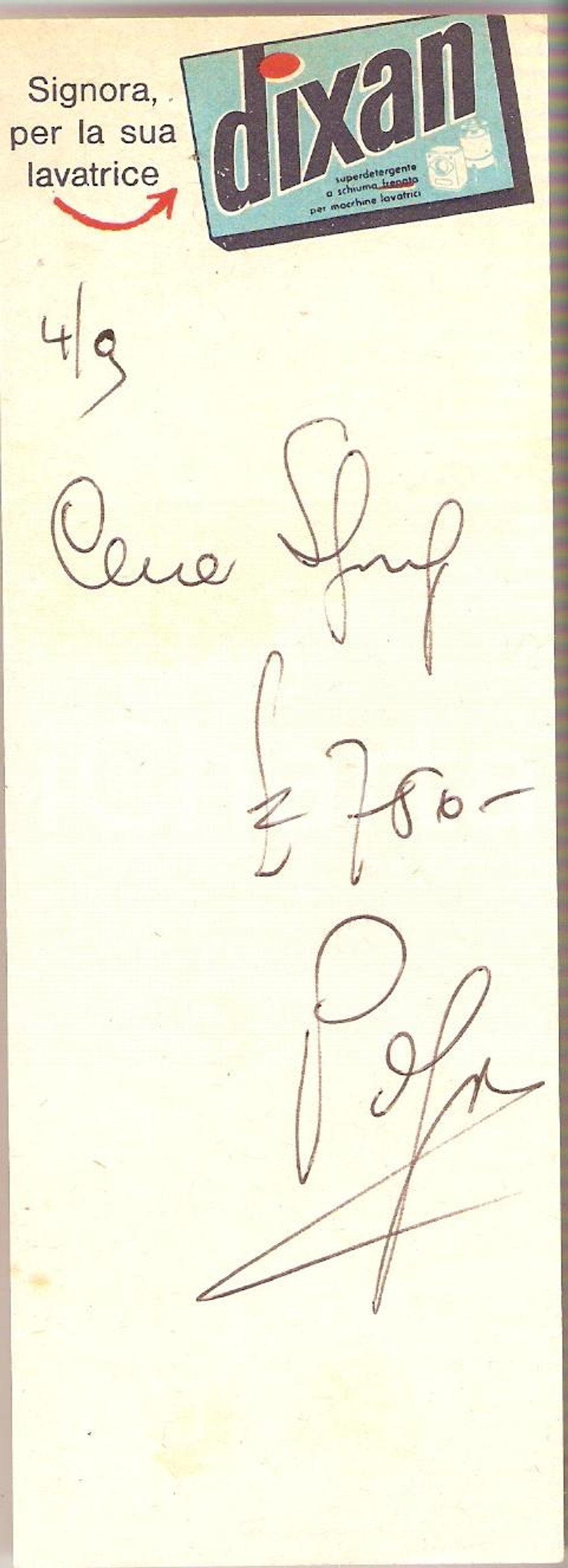 Materiale pubblicitario d’epoca 1965 ca PUBBLICITA  Detersivo DIXAN Ricevuta illustrata 6x16 cm 1