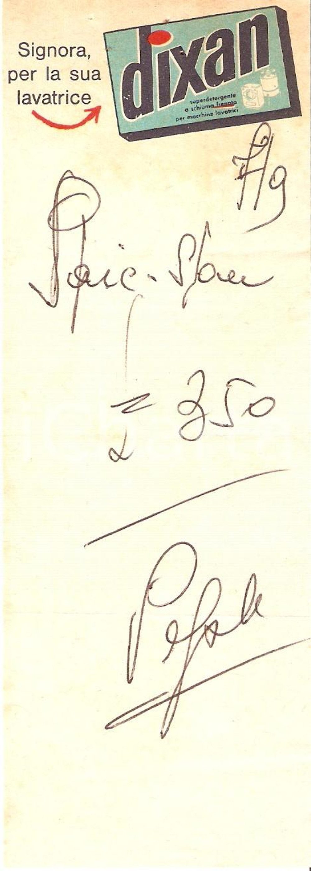 Materiale pubblicitario d’epoca 1965 ca PUBBLICITA  Detersivo DIXAN Ricevuta illustrata 6x16 cm 1