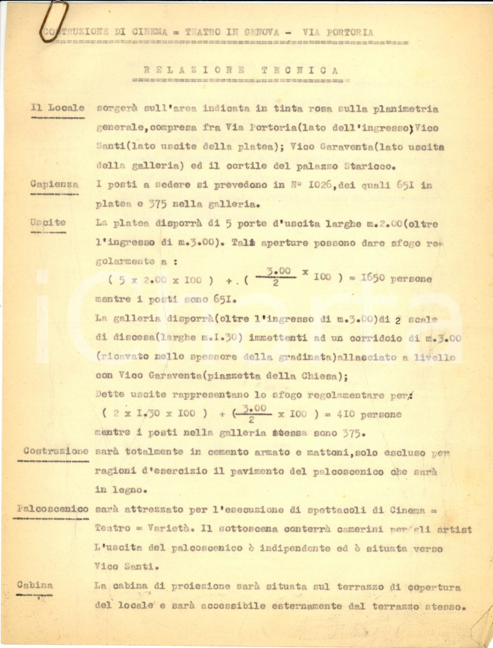 Documento originale, autentico 1949 GENOVA Relazione tecnica per nuovo cinema teatro in via PORTORIA 1