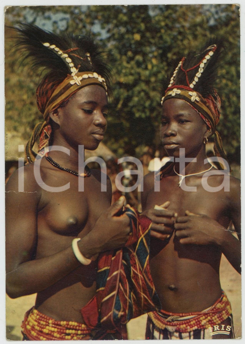 1970ca AFRIQUE EN COULEURS Petite danseuses africaines NU ETHNIQUE Postcard  Cartolina postale d'epoca, non viaggiata ma con nota manoscritta al verso.EDITORE: Iris POOR/danneggiato piegature ai margini Formato: 10x15 cm originale e autentica 1
