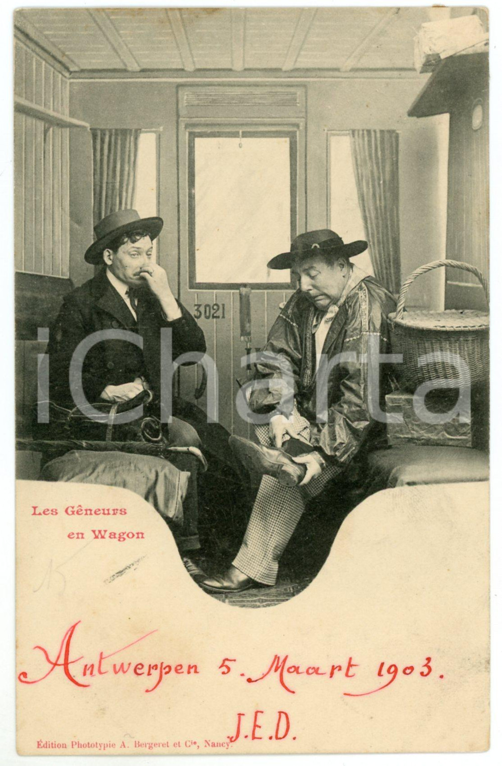 1903 HUMOUR Les gÃªneurs en wagon *Postcard A. BERGERET CPA (1)  Cartolina postale d'epoca, viaggiata da Anversa, appartenente alla celebre serie di Bergeret dedicata ai comportamenti che disturbano o imbarazzano in treno. GOOD/buono  Formato: 9x14 cm originale e autentica 1
