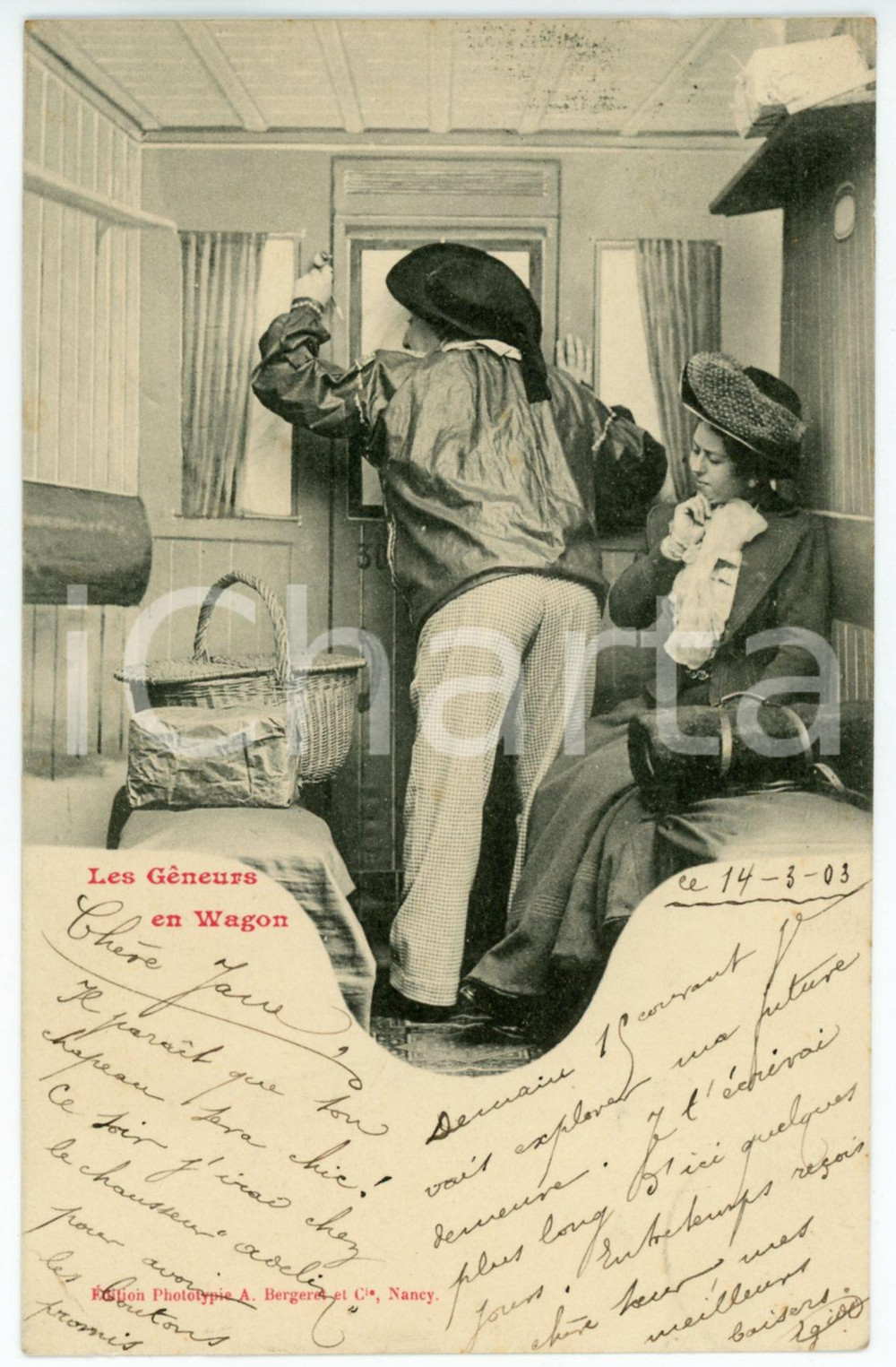 1903 HUMOUR Les gêneurs en wagon *Postcard A. BERGERET CPA (3)  Cartolina postale d'epoca, viaggiata da Anversa, appartenente alla celebre serie di Bergeret dedicata ai comportamenti che disturbano o imbarazzano in treno. GOOD/buono  Formato: 9x14 cm originale e autentica 1