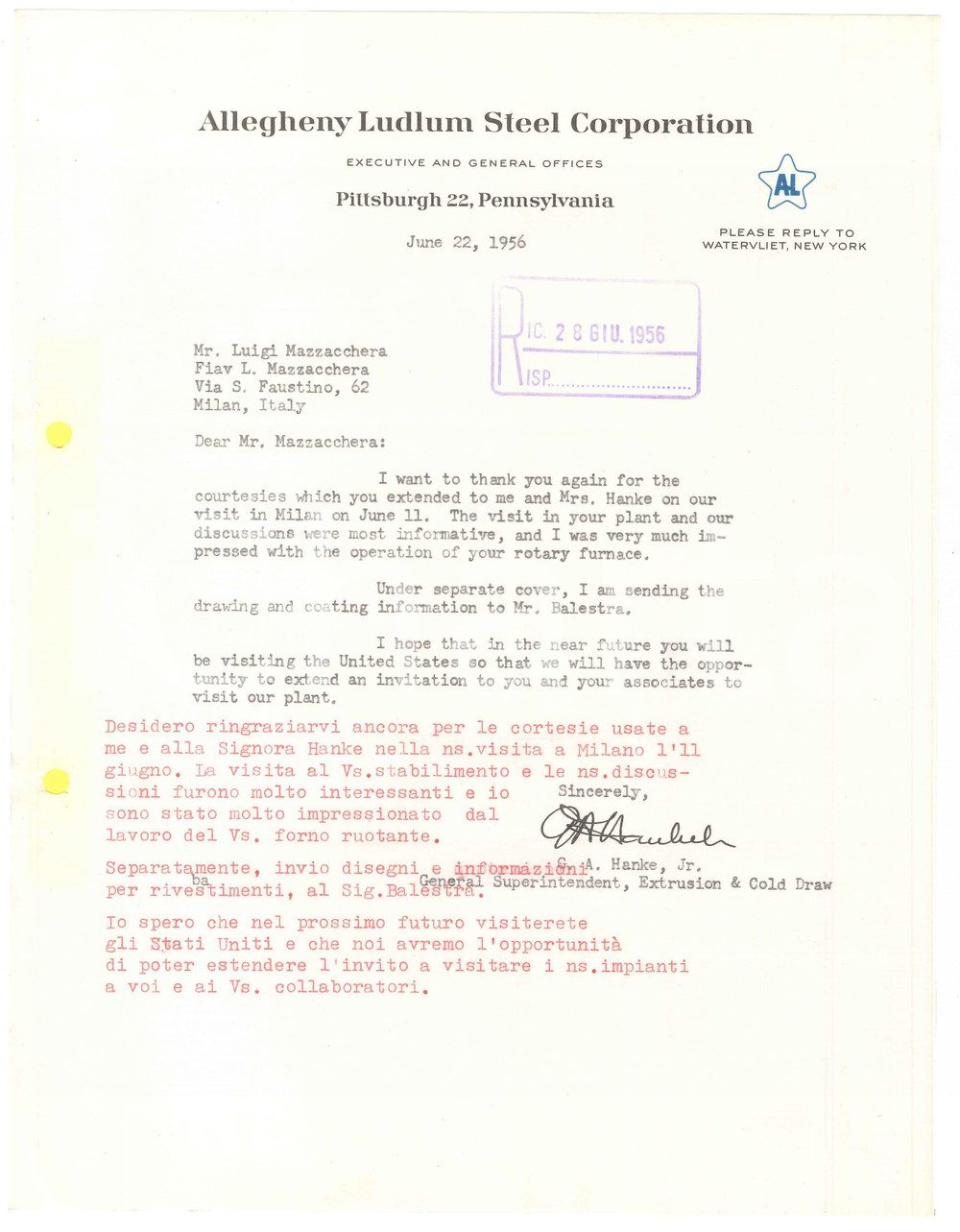 Manoscritto, lettera originale 1956 PITTSBURGH Allegheny Ludlum Steel Corporation G. A. HANKE Autograph 1