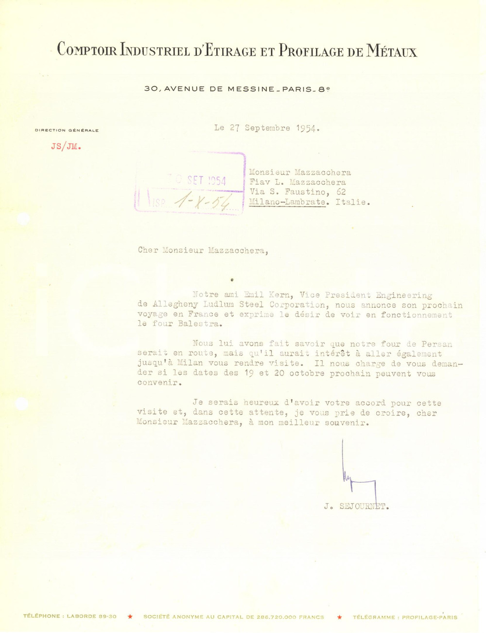 Documento originale, autentico 1954 PARIS Jacques SEJOURNET Comptoir Etirage Profilage Métaux  AUTOGRAPHE 1