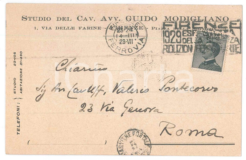 Cartolina originale da collezione 1929 FIRENZE Avv. Guido MODIGLIANO scrive all Avv. Valerio PONTECORVO Cartolina 1