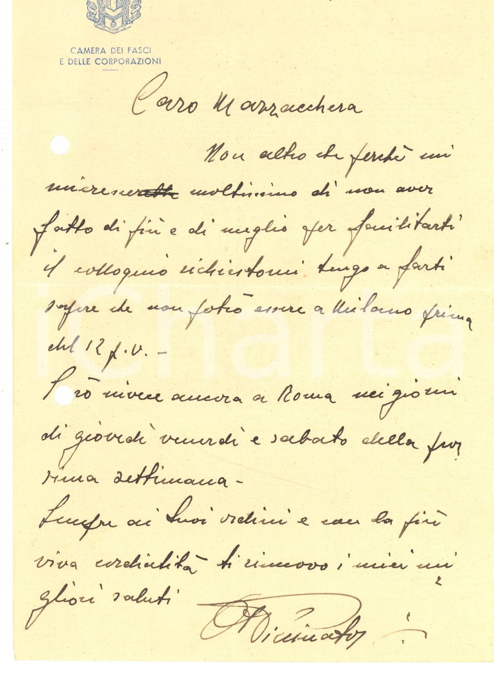 Autografo originale 1943 ROMA Camera dei Fasci  Lettera Ottorino PICCINATO Autografo 1