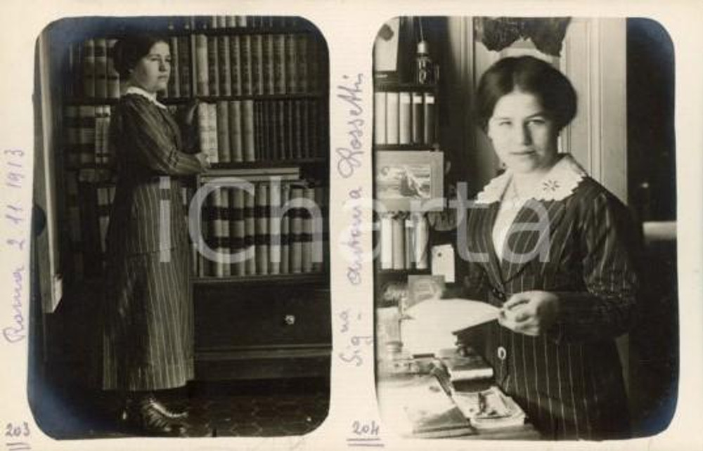 1913 ROMA Antonia ROSSETTI in biblioteca - Ritratti - Foto Luigi GREA Fotografia originale d'epoca, in formato cartolina postale.Si tratta di uno scatto realizzato da un fotografo amatoriale, Luigi "Gigi" Grea, funzionario delle ferrovie.  GOOD/buono piccolo foro di affissione Formato: 14x9 cm originale e autentica 1