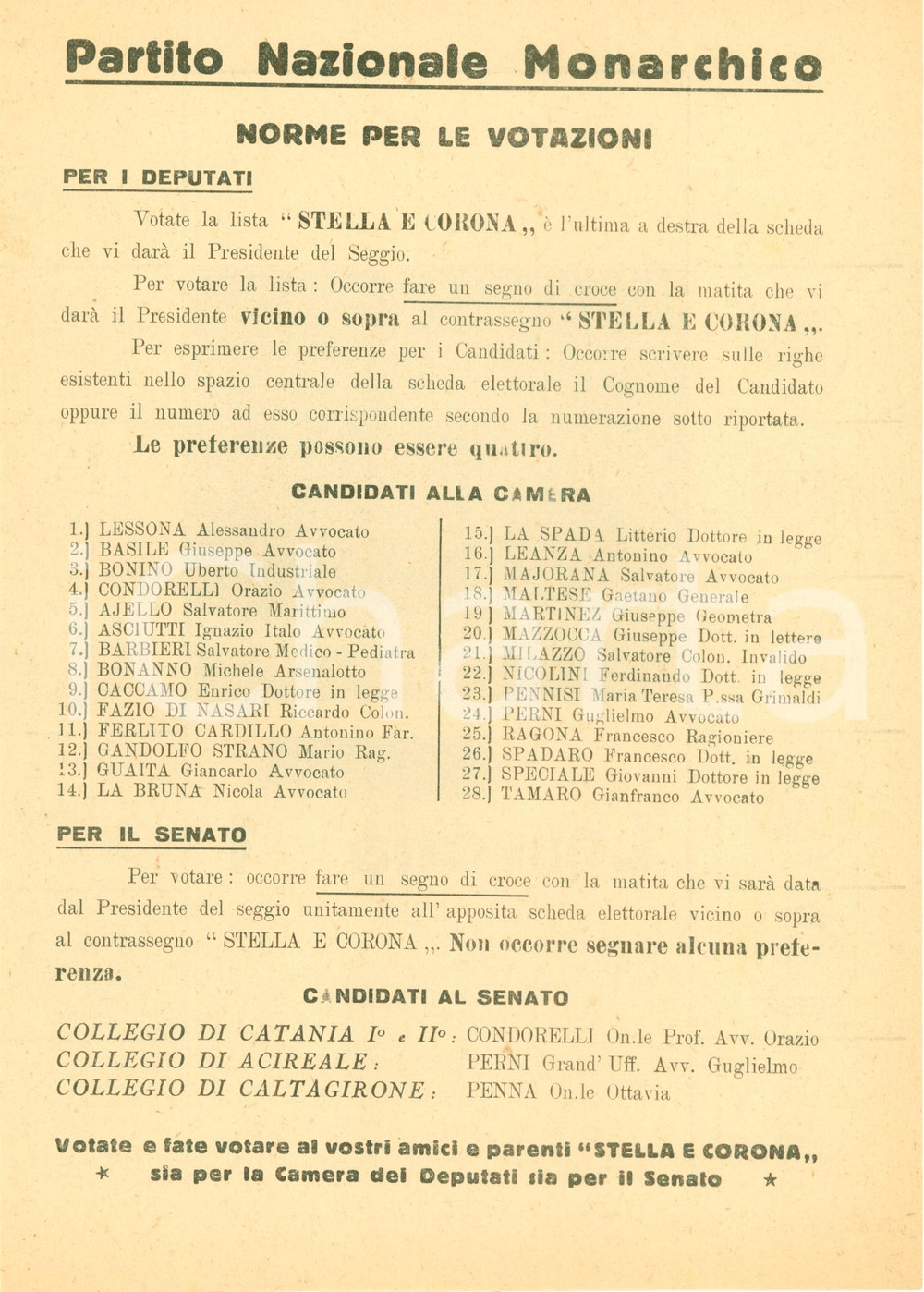 Materiale pubblicitario d’epoca 1948 CATANIA Partito Nazionale Monarchico Votate STELLA E CORONA Volantino 1
