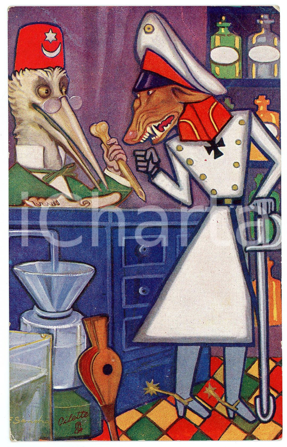 1917 LESSEN VAN AESOPUS De wolf en de ooievaar *Ill. Francisco SANCHA Postcard  Cartolina postale d'epoca, non viaggiata. GOOD/buono smussature agli angoli Formato: 9x14 cm originale e autentica 1