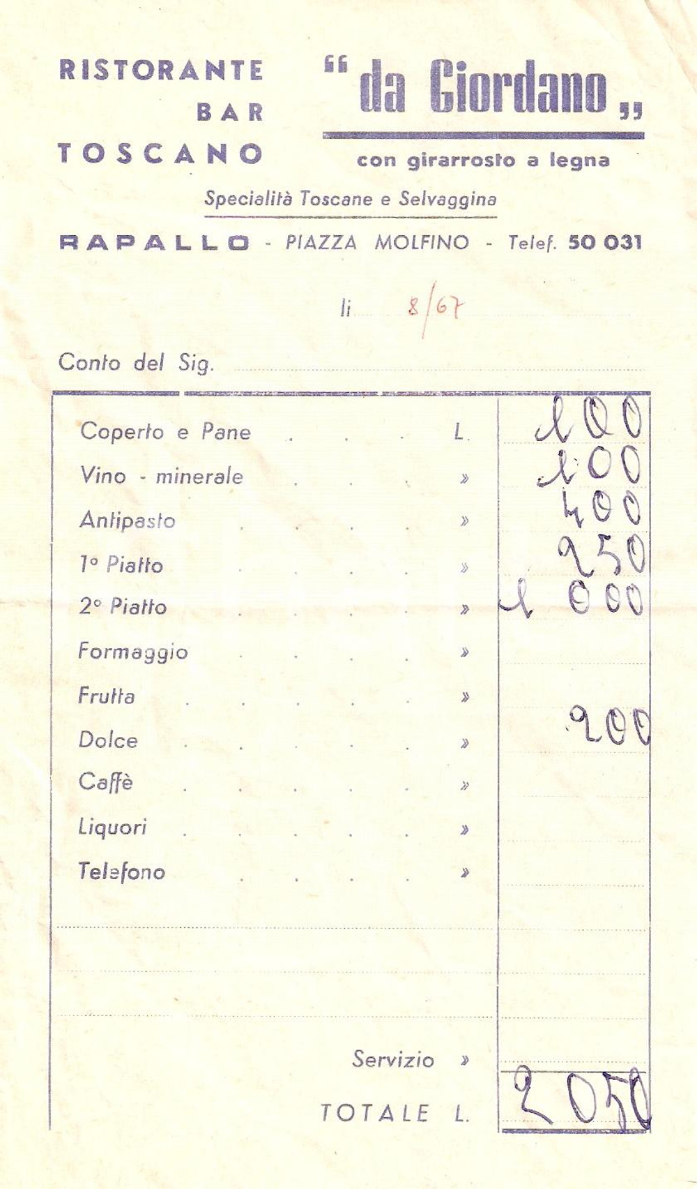 Materiale pubblicitario d’epoca 1967 RAPALLO (GE) Ristorante toscano da Giordano con girarrosto *Ricevuta 1