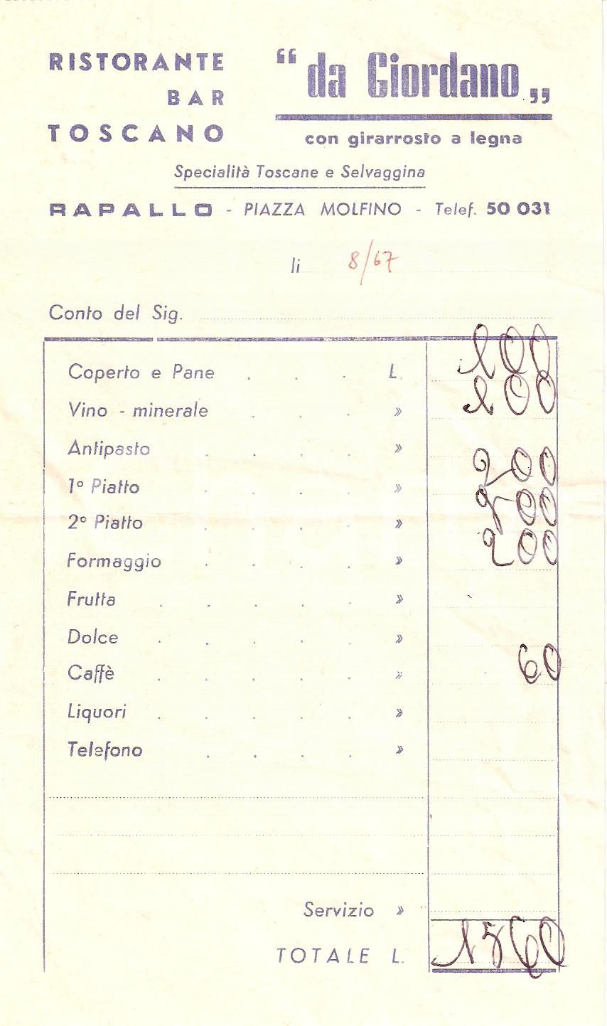 Materiale pubblicitario d’epoca 1967 RAPALLO GE Ristorante toscano da Giordano con girarrosto Ricevuta 1