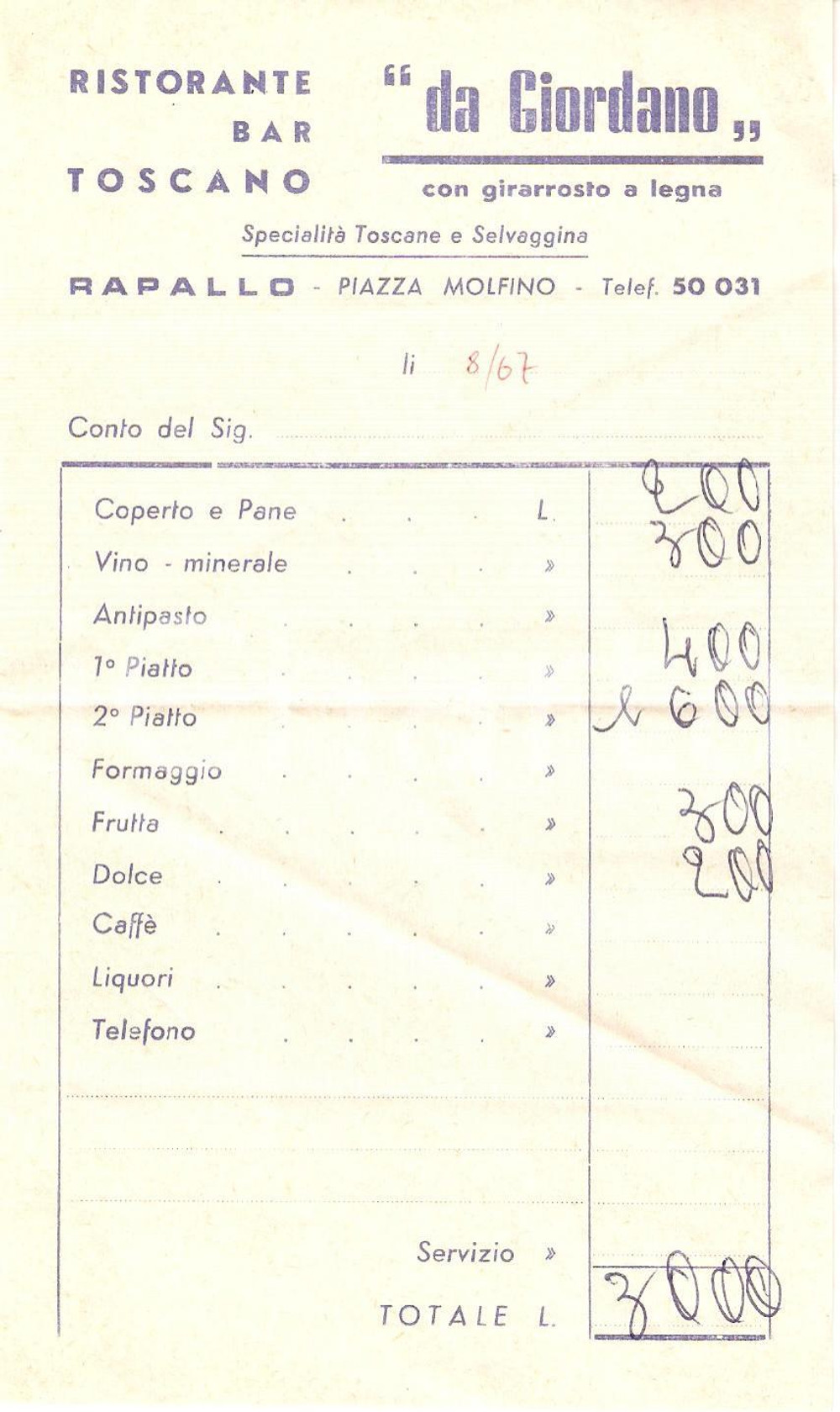 Materiale pubblicitario d’epoca 1967 RAPALLO GE Ristorante toscano da Giordano con girarrosto Ricevuta 1