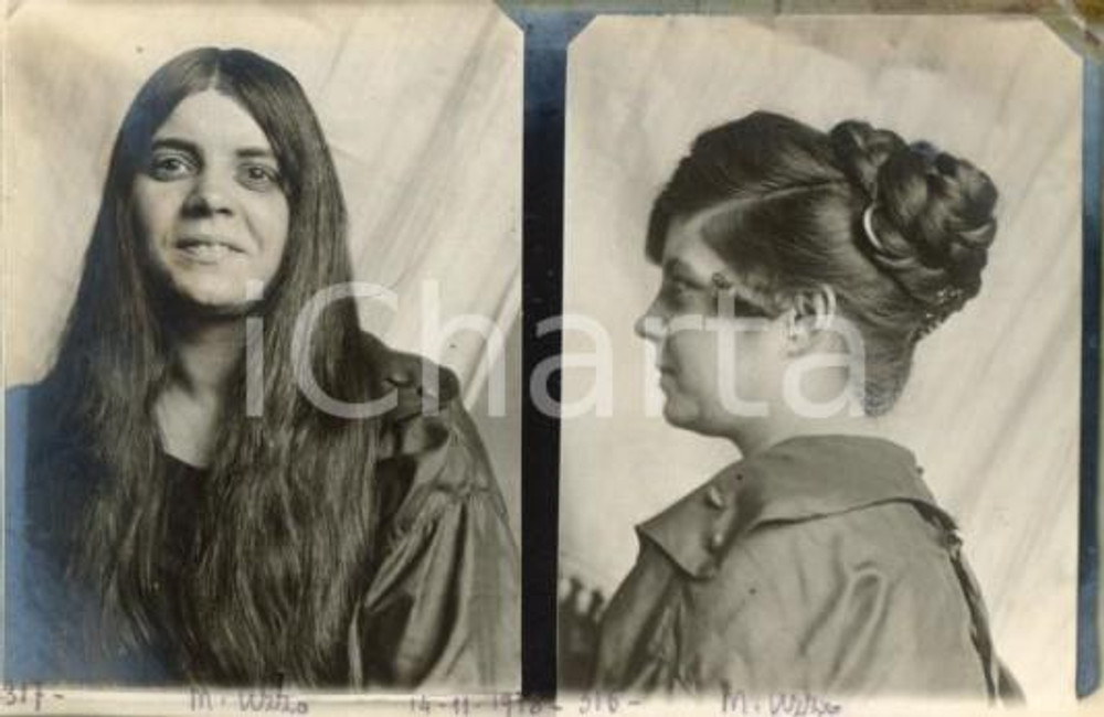 1918 NAPOLI Margherita UZZO - Ritratti con capelli sciolti e raccolti *Foto GREA Fotografia originale d'epoca, realizzata unendo due diverse immagini.Si tratta di scatti realizzati da un fotografo amatoriale, Luigi "Gigi" Grea, funzionario delle ferrovie.Didascalia manoscritta al recto. GOOD/buono  Formato: 14x9 cm originale e autentica 1