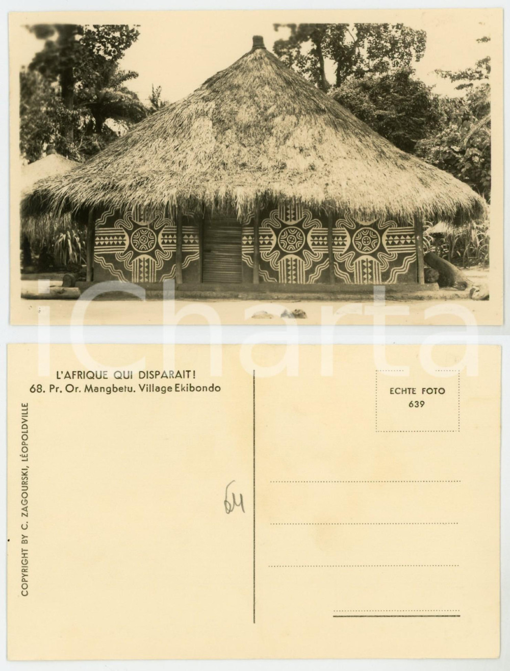1930 C. ZAGOURSKI «L'Afrique qui disparaît Pr. Or. MANGBETU Village EKIBONDO 2  Fotocartolina postale d'epoca, appartenente alla serie «L'Afrique qui disparaît» del fotografo Casimir Zagourski (Léopoldville).N° 68, non viaggiata. GOOD/buono  Formato: 14x9 cm originale e autentica 1