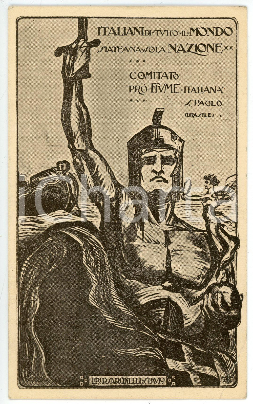 1915 ca SAO PAULO - BRASIL Comitato pro FIUME italiana ^Cartolina ILLUSTRATA  Cartolina d'epoca, viaggiata. Tirata in mille esemplari numerati (esemplare n. 0016). Al verso timbro del Dr. Mario De Sanctis - San Paolo del Brasile FAIR/discreto Lievi smussature agli angoli, piegature all'angolo inferiore destro Formato: 13x8 originale e autentica 1