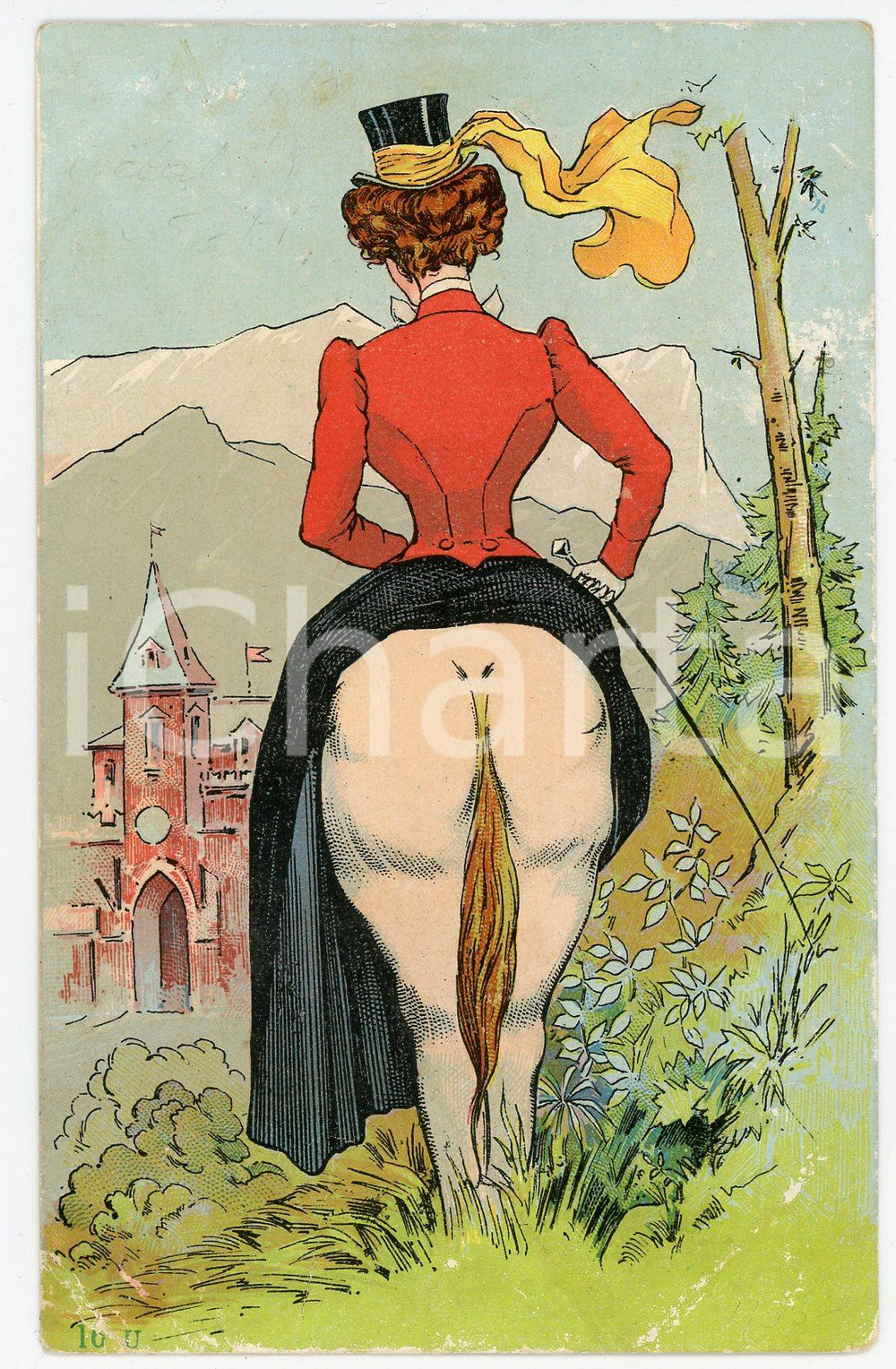 1900 ca VINTAGE EROTIC Lady riding a horse - Illusion d'optique - Postkarte 3  Cartolina postale d'epoca, non viaggiata. POOR/danneggiato piegature angolari e piccole erosioni Formato: 9x14 cm originale e autentica 1
