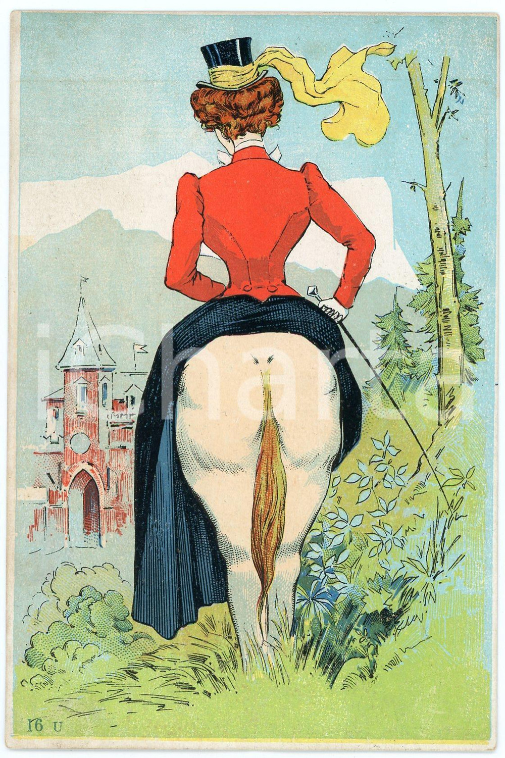 1900 ca VINTAGE EROTIC Lady riding a horse - Illusion d'optique - Postkarte 2  Cartolina d'epoca, non viaggiata. GOOD/buono  Formato: 9x14 cm originale e autentica 1