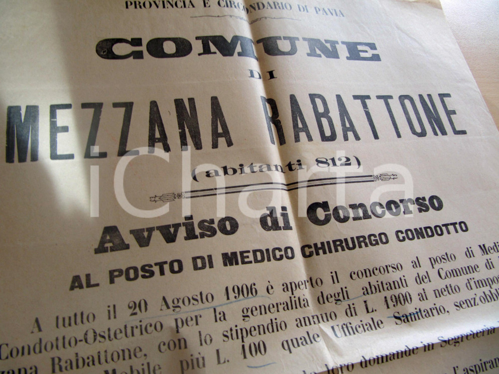 Documento originale, autentico 1906 MEZZANA RABATTONE (PV) Concorso per medico condotto *MANIFESTO 1