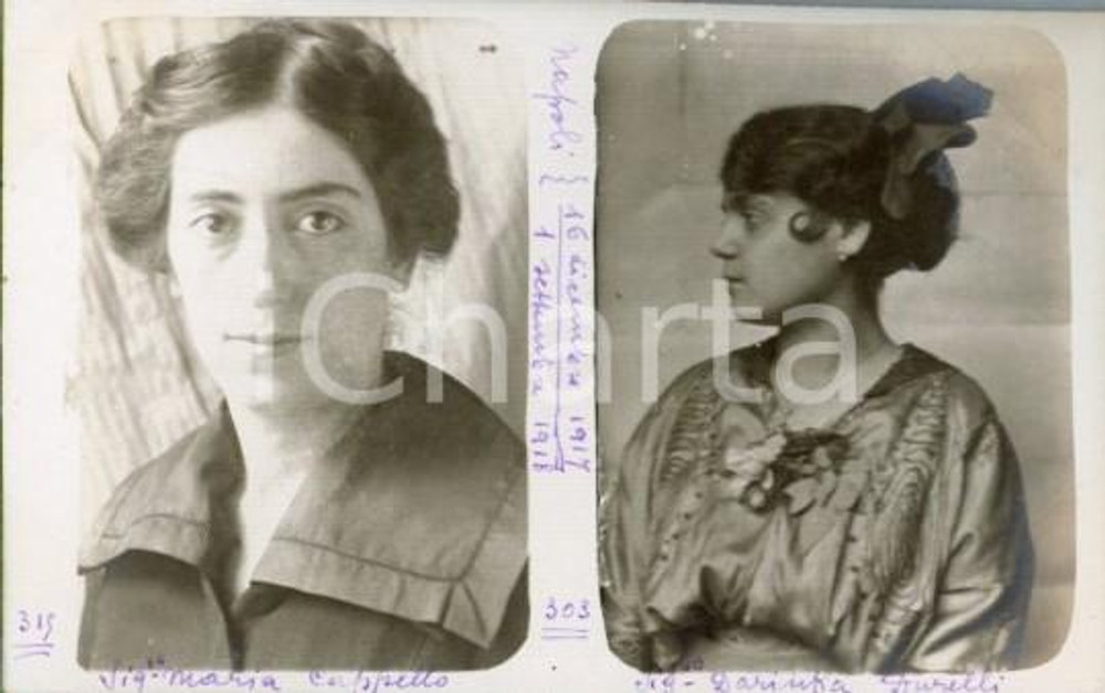 1917/18 NAPOLI Maria CAPPELLO - Darinka DURELLI - Ritratti *Foto Luigi GREA Fotografia originale d'epoca, in formato cartolina postale su cartoncino, realizzata unendo due scatti.Si tratta di scatti realizzati da un fotografo amatoriale, Luigi "Gigi" Grea, funzionario delle ferrovie.Didascalia manoscritta. FAIR/discreto difetti di stampa Formato: 14x9 cm originale e autentica 1