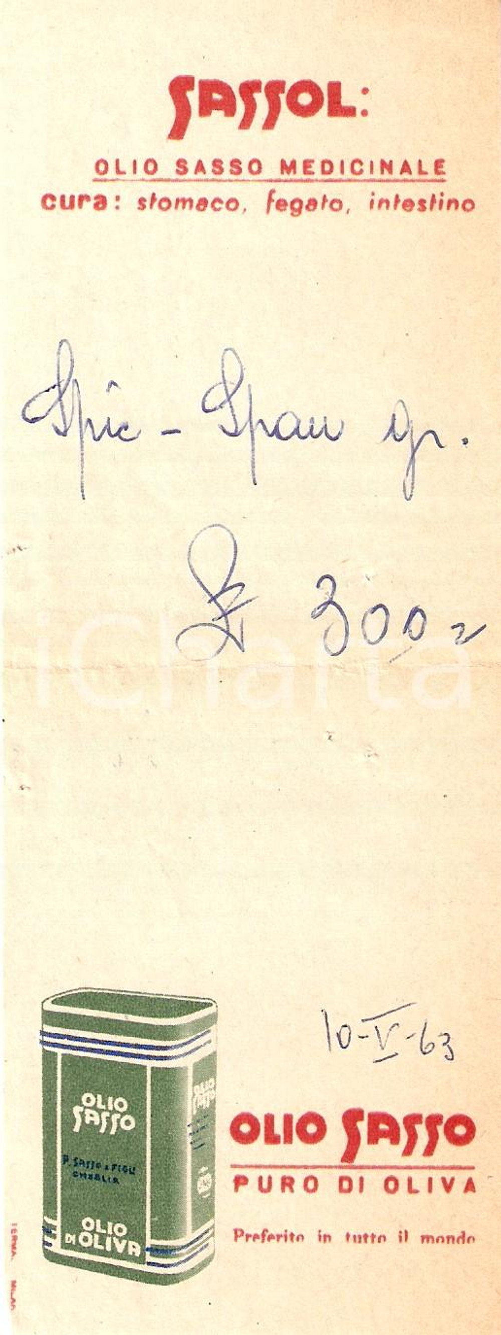 Materiale pubblicitario d’epoca 1965 ca OLIO SASSO Olio medicinale SASSOL *Ricevuta ILLUSTRATA 1
