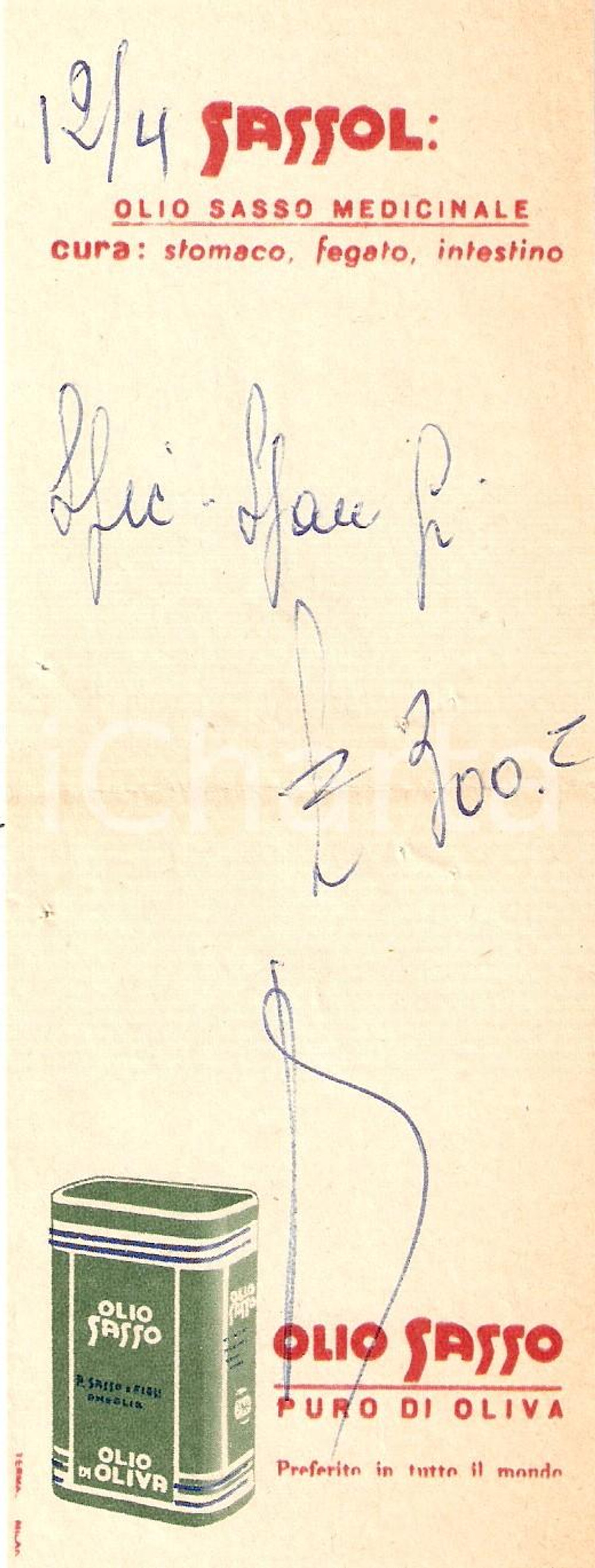 Materiale pubblicitario d’epoca 1965 ca OLIO SASSO Olio medicinale SASSOL *Ricevuta ILLUSTRATA 1