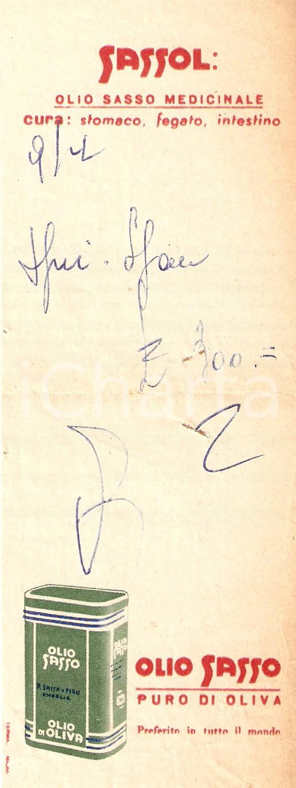 Materiale pubblicitario d’epoca 1965 ca OLIO SASSO Olio medicinale SASSOL *Ricevuta ILLUSTRATA 1