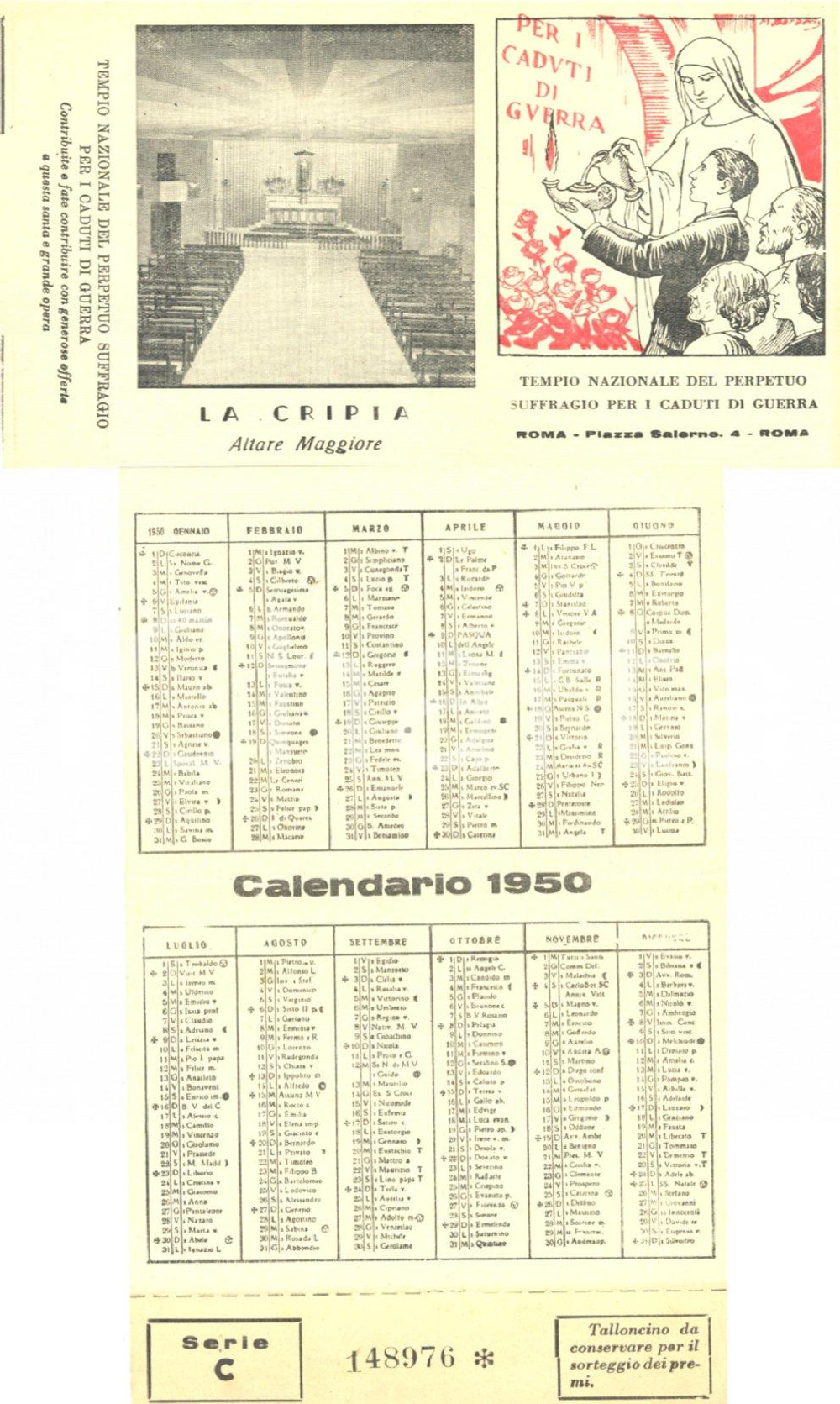 Oggetto da collezione cartaceo 1950 ROMA Tempio Perpetuo Suffragio Caduti di Guerra Calendario per offerte 2 1