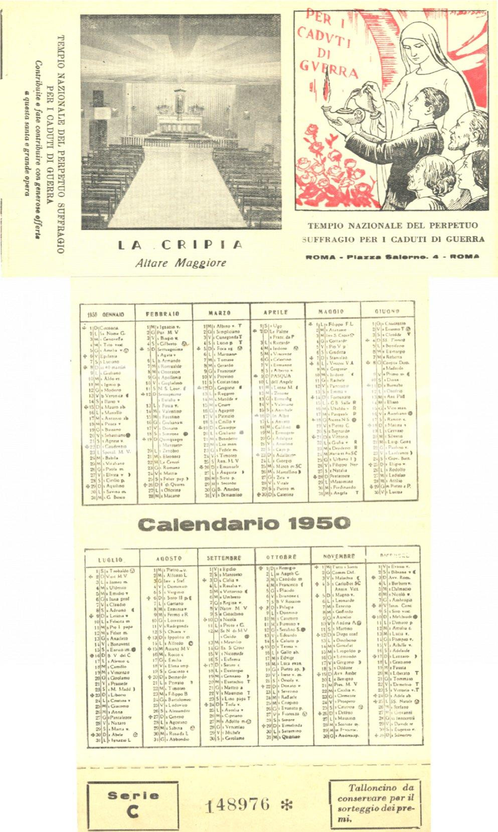 Oggetto da collezione cartaceo 1950 ROMA Tempio Perpetuo Suffragio Caduti di Guerra Calendario per offerte 2 1