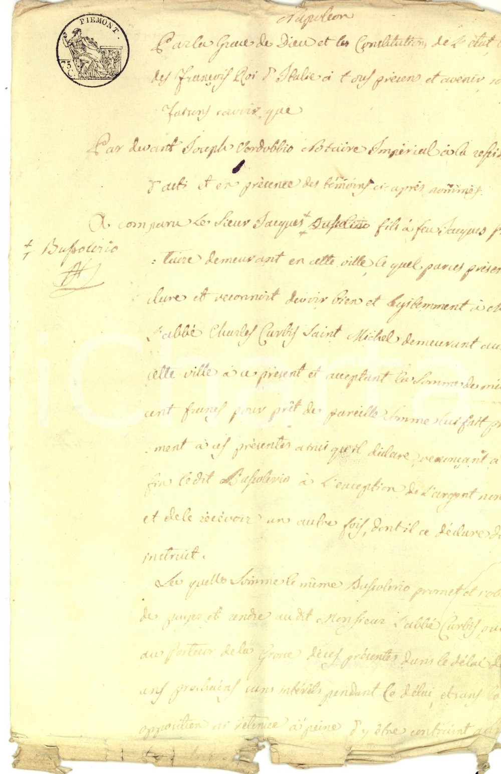 Documento originale, autentico 1807 ASTI Prestito di Carlo CURBIS a Giacomo BUSSOLERIO Manoscritto 1