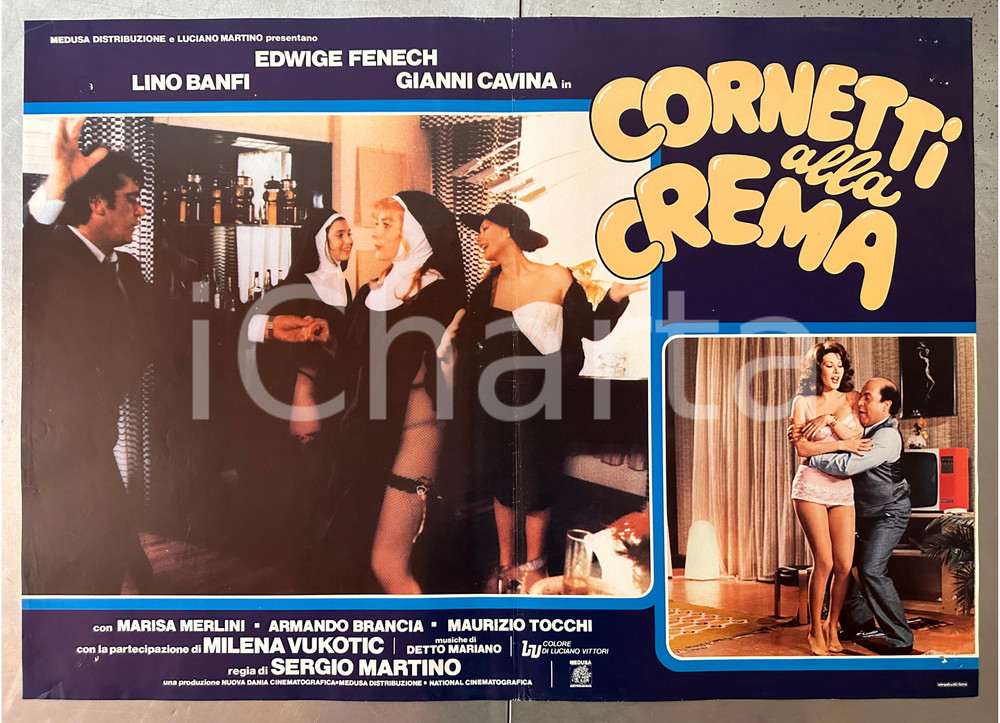 1981 Lino BANFI Edwige FENECH "Cornetti alla crema" - Fotobusta poster Fotobusta cinematografica (poster) originale dell'epoca. FAIR/discreto piegature d'epoca; fori di affissione Formato: 67x47 cm originale e autentica 1
