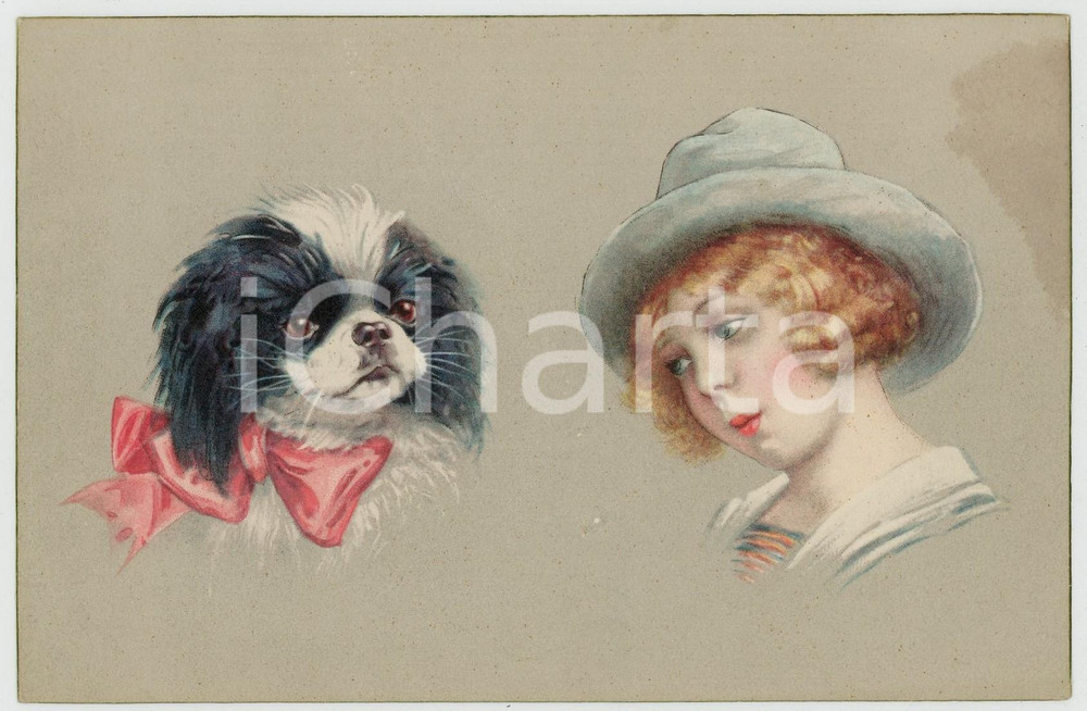 1910 ca CHILDREN Little girl with dog ILLUSTRATED *Postcard FP NV (1)  Cartolina d'epoca, non viaggiata. POOR/danneggiato Smussature agli angoli, esteso alone all'angolo superiore destro Formato: 14x9 cm originale e autentica 1