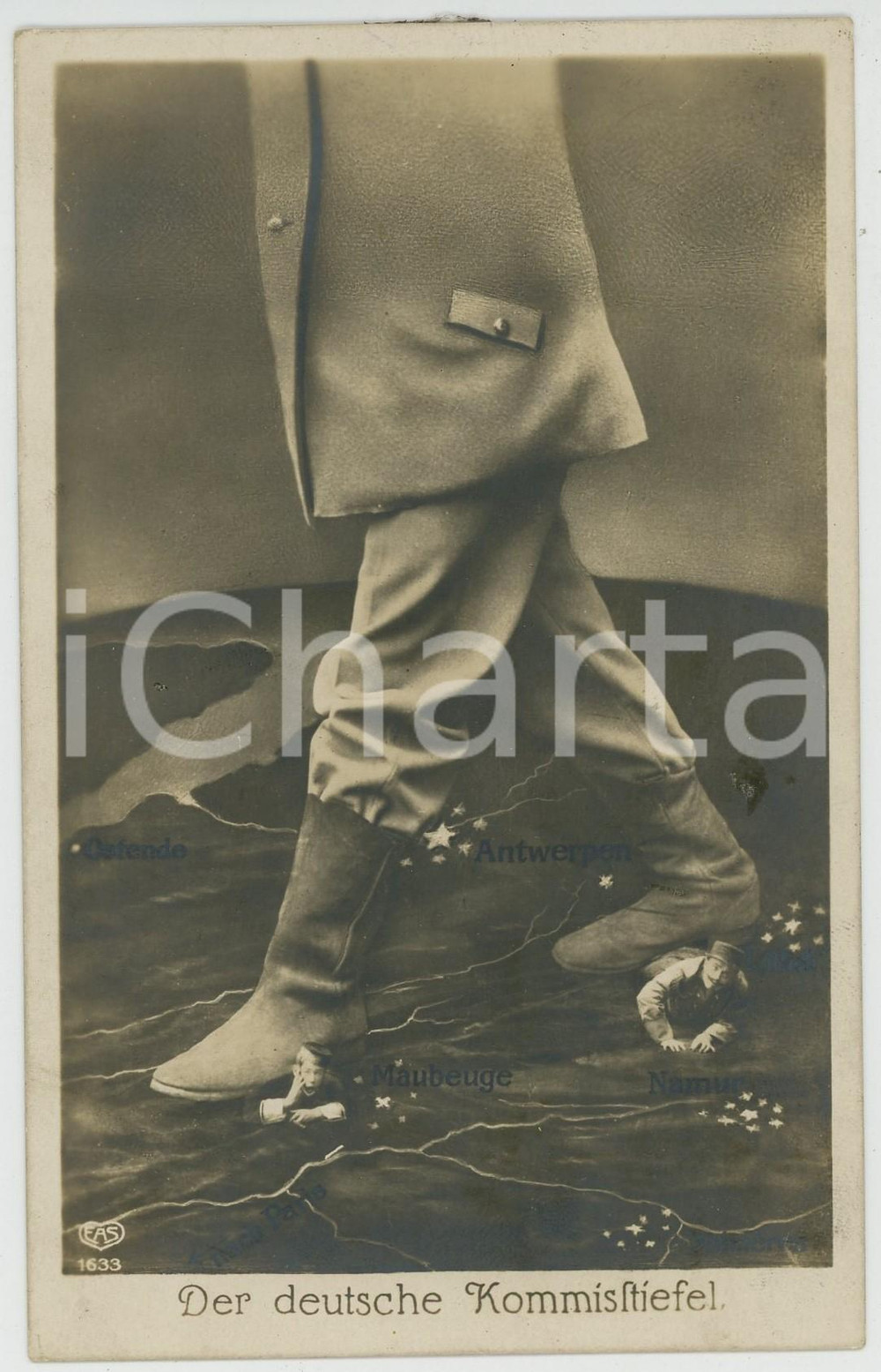 1915 ca WW1 GERMANY Der deutsche Kommisstiefel - Photomontage - Postcard 3  Cartolina postale d'epoca, non viaggiata. FAIR/discreto residuo di adesivo al verso Formato: 9x14 cm originale e autentica 1