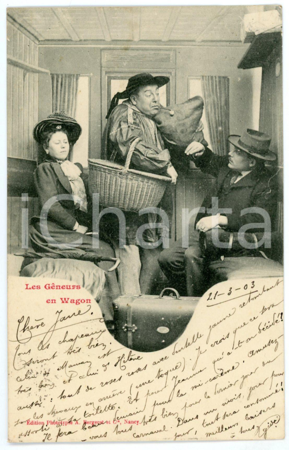 1903 HUMOUR Les gêneurs en wagon *Postcard A. BERGERET CPA (6)  Cartolina postale d'epoca, viaggiata, appartenente alla celebre serie di Bergeret dedicata ai comportamenti che disturbano o imbarazzano in treno. GOOD/buono  Formato: 9x14 cm originale e autentica 1