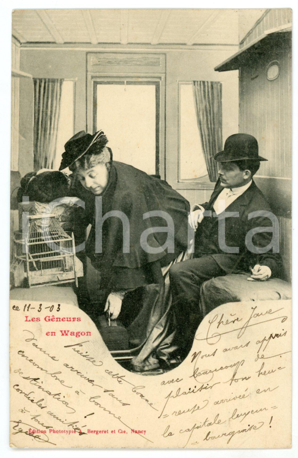 1903 HUMOUR Les gêneurs en wagon *Postcard A. BERGERET CPA (5)  Cartolina postale d'epoca, viaggiata, appartenente alla celebre serie di Bergeret dedicata ai comportamenti che disturbano o imbarazzano in treno. GOOD/buono  Formato: 9x14 cm originale e autentica 1