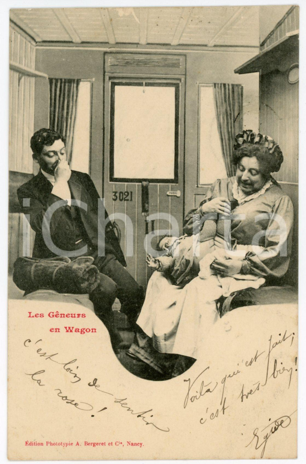 1903 HUMOUR Les gÃªneurs en wagon *Postcard A. BERGERET CPA (4)  Cartolina postale d'epoca, viaggiata da Anversa, appartenente alla celebre serie di Bergeret dedicata ai comportamenti che disturbano o imbarazzano in treno. FAIR/discreto lievi macchie Formato: 9x14 cm originale e autentica 1