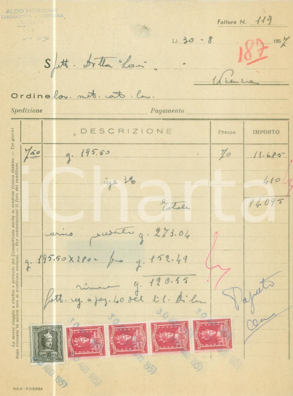 Documento originale, autentico 1957 VICENZA Aldo MORSIANI Laboratorio oreficeria Fattura commerciale 1