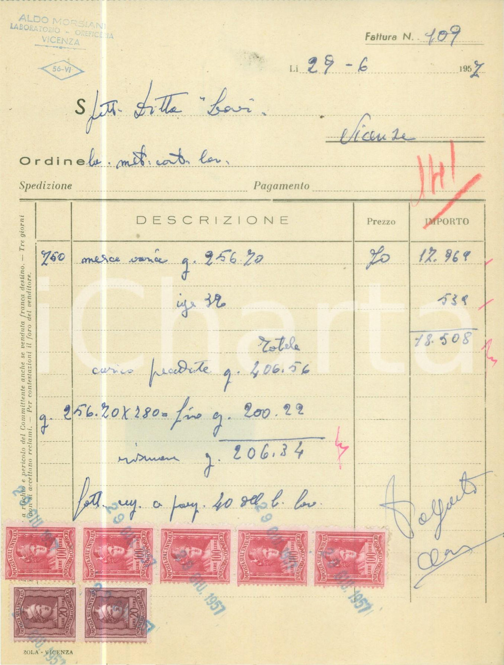 Documento originale, autentico 1957 VICENZA Aldo MORSIANI Laboratorio oreficeria Fattura commerciale 1