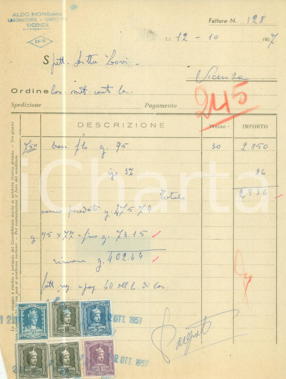 Documento originale, autentico 1957 VICENZA Aldo MORSIANI Laboratorio oreficeria Fattura commerciale 1