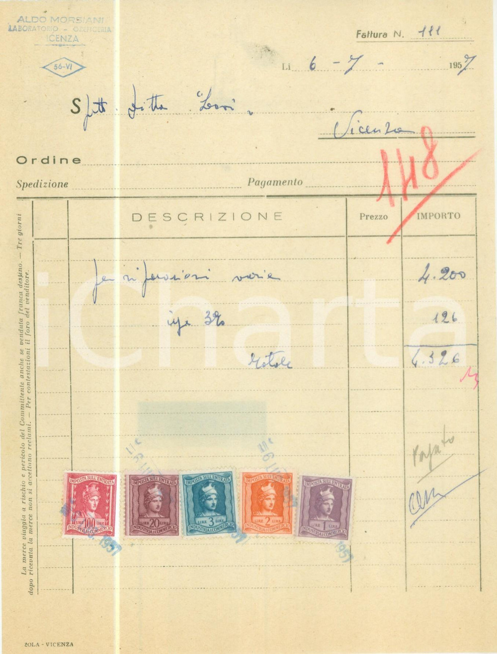 1957 VICENZA Aldo MORSIANI Laboratorio oreficeria *Fattura commerciale 7 CONDIZIONI: GOOD    originale e autentica 1