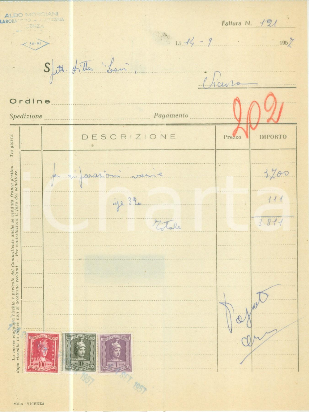 Documento originale, autentico 1957 VICENZA Aldo MORSIANI Laboratorio oreficeria Fattura commerciale 1