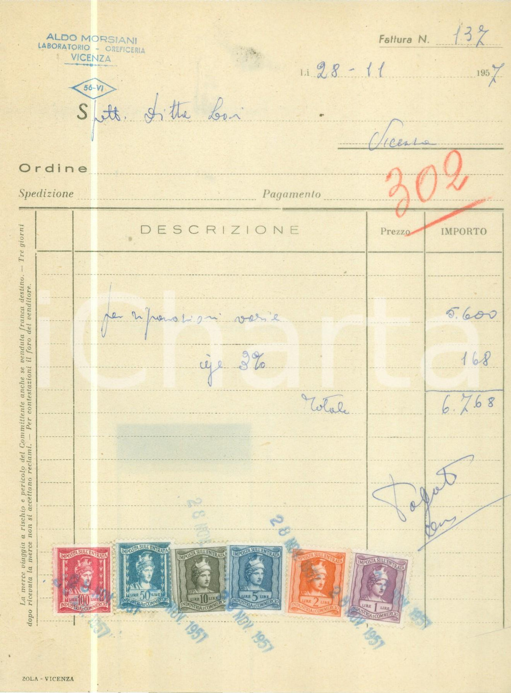Documento originale, autentico 1957 VICENZA Aldo MORSIANI Laboratorio oreficeria Fattura commerciale 1