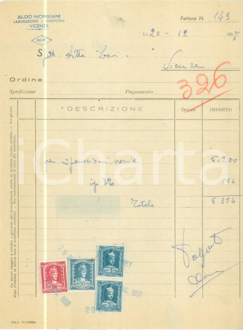 Documento originale, autentico 1957 VICENZA Aldo MORSIANI Laboratorio oreficeria Fattura commerciale 1