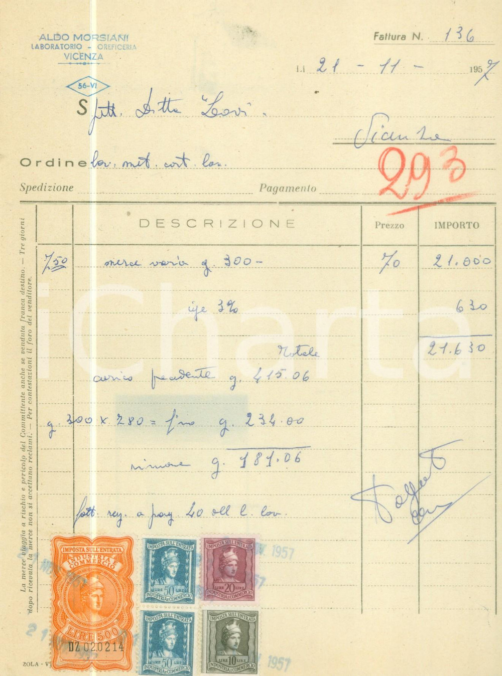 Documento originale, autentico 1957 VICENZA Aldo MORSIANI Laboratorio oreficeria Fattura commerciale 1